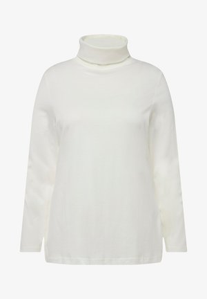 Weißes langärmliges Rollkragenoberteil aus weichem Stoff. Es hat einen hohen Kragen und eine lockere Passform mit Seitenschlitzen am Saum.