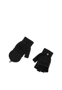 Gants en maille noire avec un rabat mitaine doté d'une fermeture par bouton et une conception sans doigts, offrant une protection polyvalente des mains.