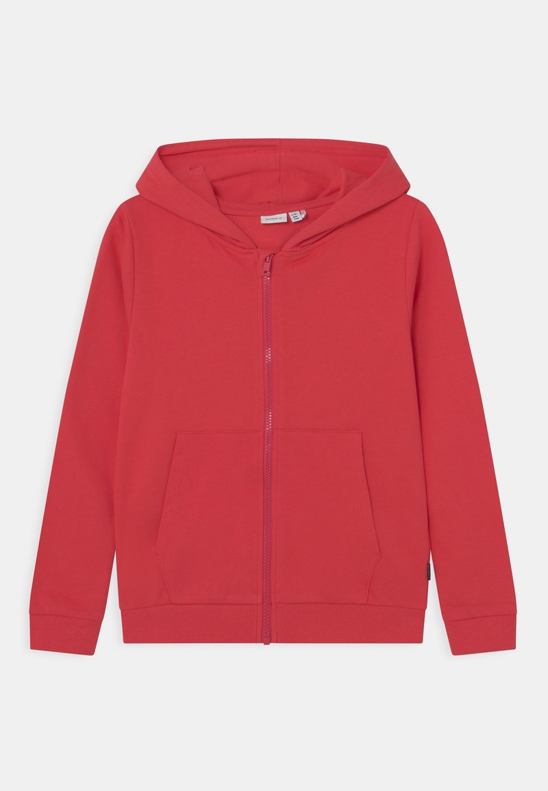 Sweat à capuche rouge zippé intégralement, manches longues, poches kangourou à l'avant, poignets et ourlet côtelés, avec capuche attachée.