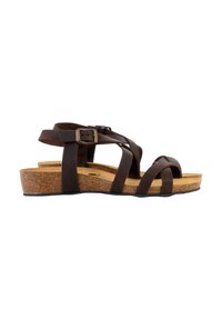 Sandali in pelle marrone con molteplici cinturini incrociati, fibbia regolabile, soletta in sughero e suola in gomma testurizzata.