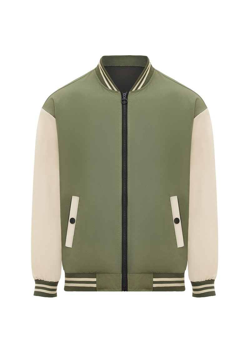 Zöld bomberdzseki bézs ujjakkal, elülső cipzáras záródással, két oldalsó zsebbel, bordázott gallérral és mandzsettával, valamint csíkkal ellátott hem. Simás tapintású.