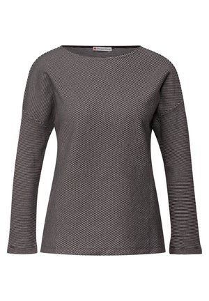Haut à manches longues noir et blanc à rayures avec un col rond, texture lisse et tissu doux. Présente une coupe décontractée.