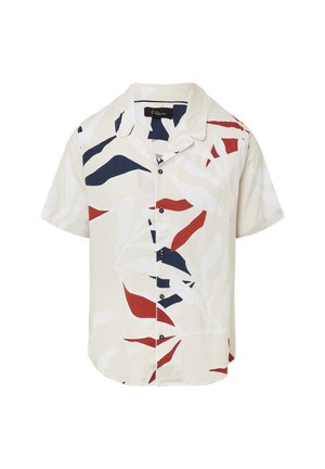Korte mouwen overhemd van crèmekleurige stof met abstracte bladmotieven in marineblauw, rood en wit; ingezette kraag, knoopsluiting aan de voorkant, losse pasvorm.