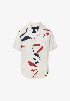 Korte mouwen overhemd van crèmekleurige stof met abstracte bladmotieven in marineblauw, rood en wit; ingezette kraag, knoopsluiting aan de voorkant, losse pasvorm.