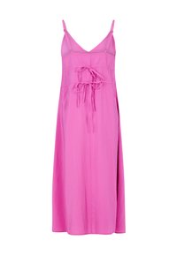 Roze halter haljina s V-izrezom, strukirana i s podešivim naramenicama. Izrađena od laganog materijala, ima detalj s vezivanjem sprijeda.