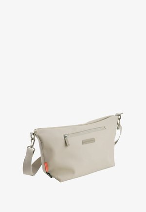 Beige crossbody bag made of synthetic material. Features a zippered front pocket, adjustable strap, and a smooth texture.
