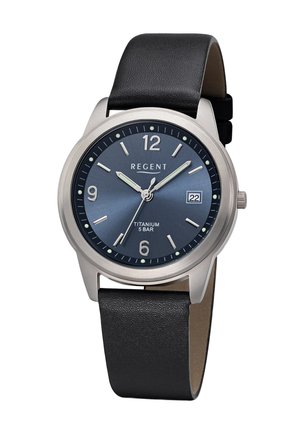 Titanium watch with a blue dial, silver hour markers, and a date display. Features a black leather strap and water resistance up to 5 bar.