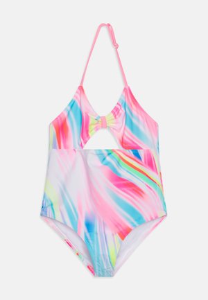 Maillot de bain une pièce avec un motif abstrait multicolore en rose, bleu et vert. Il présente un col halter et un accent en forme de nœud au niveau de la poitrine.