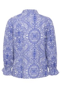 Hosszú ujjú ing kék és fehér összetett paisley mintával, gallérral és ráncolt mandzsettákkal. Simogatott pamutanyag.