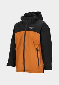 Water-resistant jacket with a black upper half and orange lower half, featuring a hood, zippered pockets, and a logo on the chest.