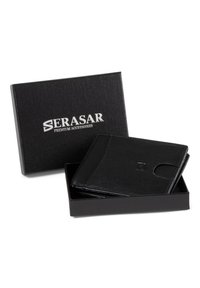 Black leather wallet with a smooth texture, featuring a cut-out pocket design, presented in a black box with silver logo text.