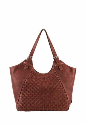Brown leather handbag with woven front panel, two shoulder straps with buckle details, and a spacious trapezoid shape.
