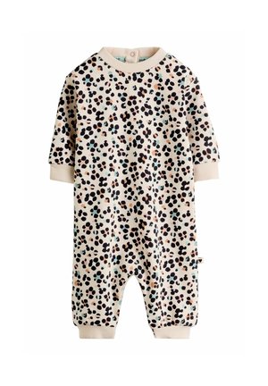 Leopard print romper made of soft fabric, featuring short sleeves, ribbed cuffs, and a button closure at the neck. Light beige background.