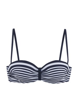 Gestreifter Bikini-Oberteil mit marineblauen und weißen Streifen, weichem Stoff, geformten Cups, anatomischem Design und verstellbaren dünnen Trägern.