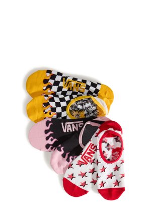 Cinco pares de calcetines coloridos con varios diseños: cuadros, llamas, estrellas y colores sólidos con el logo de "VANS". Patrones y texturas diversas.