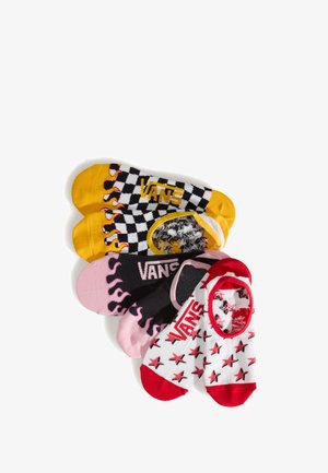 Vijf paar kleurrijke sokken met verschillende ontwerpen: geruit, vlammen, sterren en effen kleuren met het "VANS" logo. Diverse patronen en texturen.