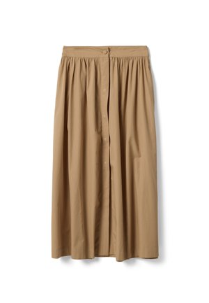 Falda midi beige de cintura alta con botones, con detalles de tela fruncida y un dobladillo recto, mostrada extendida sobre un fondo blanco.