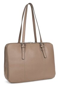 Beige leren tote bag met twee lange handvatten, dubbele ritssluiting en verticale stiksels op de voorkant voor extra detail.