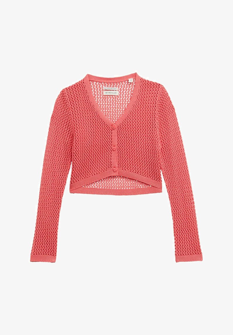 Kombinierter Cardigan in Koralle, gestrickt mit einem Netzmuster. Verfügt über lange Ärmel, einen V-Ausschnitt und eine Vorderknopfverschlüsse.