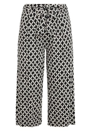 Black and white patterned trousers with a loose fit, featuring a drawstring waist and a geometric chain link design. Soft fabric texture.