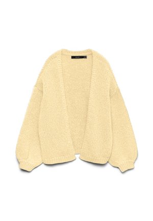 Krämfärgad tjockstickad kofta med öppen front, långa puffade ärmar samt ribbade mudd- och fållkanter.