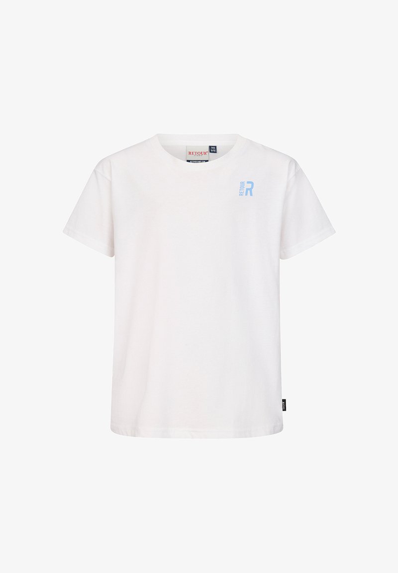 Witte T-shirt met korte mouwen en ronde hals, voorzien van een klein blauw "Retour R" logo op de linkerborst en een zwart label in de zijnnaad.