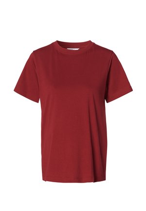 Rotes Baumwoll-T-Shirt mit rundem Halsausschnitt und kurzen Ärmeln. Weicher Stoff und schlichtes Design, geeignet für legere Kleidung.
