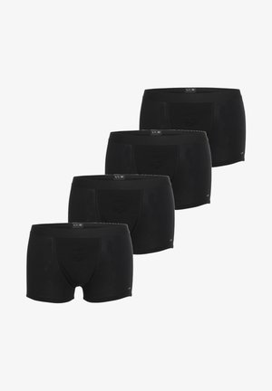 Quattro paia di boxer neri, realizzati in tessuto morbido, dotati di una cintura elastica aderente e di un design semplice senza fantasie.