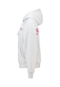 Sweatshirt à capuche gris avec une poche avant, présentant des graphismes rouges sur la poitrine gauche et la manche. Tissu en coton doux et coupe décontractée.