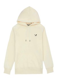 Felpa con cappuccio color crema, dotata di tasca a marsupio, cordino e un piccolo logo nero sul petto a sinistra. Tessuto morbido e polsini a coste.