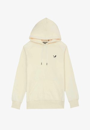Crème-kleurige hoodie met een kenguruzak, koord en een klein zwart logo op de linkerkant van de borst. Zacht materiaal en geribde manchetten.