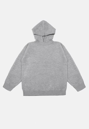 Grauer Hoodie aus weichem Material mit hohem Kragen, langen Ärmeln und gerippten Bündchen. Der Stoff hat eine dezente Textur und ein minimalistisches Design.