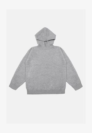 Grå hættetrøje lavet af blødt materiale, med høj krave, lange ærmer og ribbede manchetter. Stoffet har en subtil tekstur og et minimalistisk design.