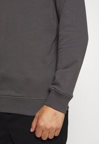 Gray sweatshirt with long sleeves, ribbed cuffs and hem, soft texture, fitted design, hand resting on side, black background.