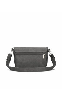 Borsa a tracolla sintetica grigia con tasca frontale con zip, cinturino regolabile e finitura liscia e textured. Design rettangolare semplice.