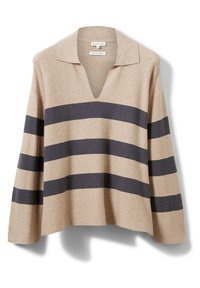 Beige stickad tröja med V-ringning och krage, med mörkblå horisontella ränder. Tillverkad av mjukt material med en avslappnad passform och långa ärmar.
