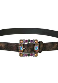 Cinturón de cuero negro con una hebilla rectangular decorativa adornada con piedras preciosas multicolores y delicados acentos metálicos.