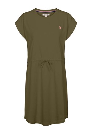 Olivgrünes kurzärmeliges Kleid mit lockerem Sitz, featuring einer Kordelzug-Taille und einem kleinen bestickten Logo auf der Brust. Weiches Baumwollmaterial.