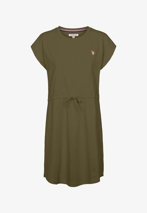 Oliiviroheline lühikeste varrukatega kleit, lõdvestunud lõige, millel on tõmbelindiga vöökoht ja väike tikitud logo rinnal. Pehme puuvillane materjal.