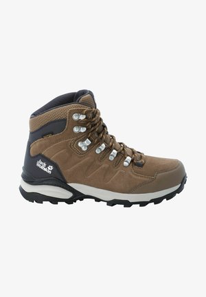 Botte de randonnée imperméable marron avec tige en mesh, semelle en caoutchouc, œillets en métal, col rembourré et accents gris. Design robuste pour une utilisation en plein air.