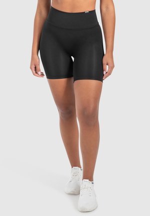 Schwarze hoch taillierte Shorts aus dehnbarem Material, mit einer glatten Textur und einer engen Passform. Keine sichtbaren Muster oder Hardware-Details.
