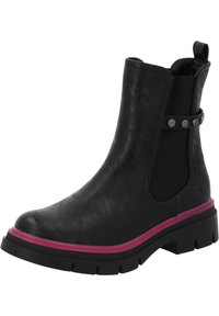 Botín negro hasta el tobillo hecho de cuero suave con paneles laterales elásticos y suela de goma rosa. Presenta tachuelas decorativas en una correa. Tacón grueso.