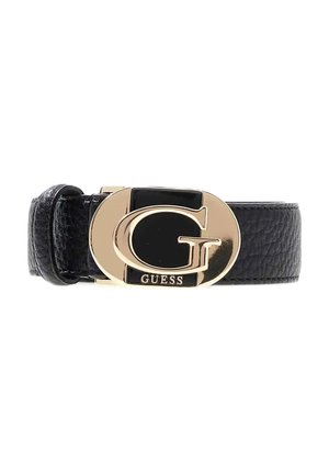 Cintura in pelle nera texturizzata con fibbia ovale dorata che presenta un inserto nero e il grande logo "G" e "GUESS".