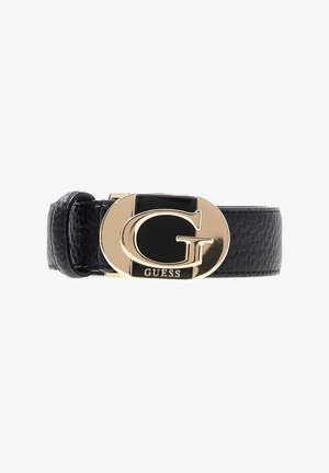 Cinturón de cuero negro texturizado con hebilla ovalada dorada que presenta incrustación negra y grandes logos "G" y "GUESS".