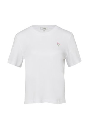 White short-sleeve crew neck T-shirt with small pink and orange flower embroidery on the left chest.