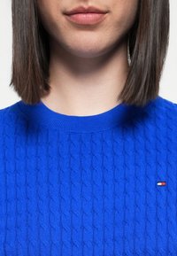 Pull en maille torsadée bleu avec un col rond et des poignets côtelés ; présente un petit logo dans le coin inférieur gauche.