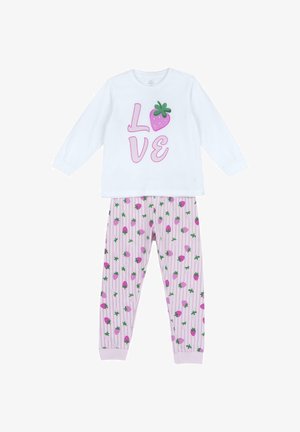 Weißes Langarmshirt mit dem Schriftzug "LOVE" und einer rosa Erdbeere anstelle des "O", kombiniert mit rosa gestreiften Hosen, die mit rosa Erdbeerdrucken bedeckt sind.