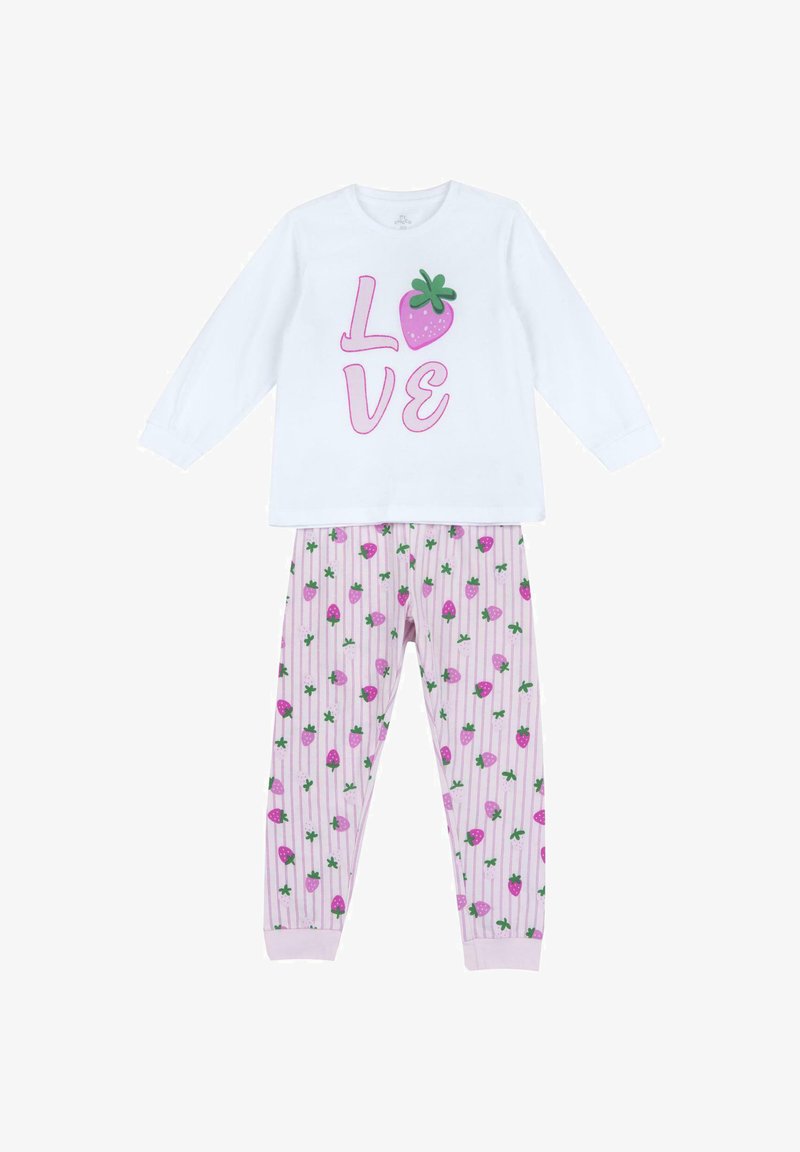 Haut blanc à manches longues avec le texte "LOVE" et une fraise rose remplaçant le "O", associé à un pantalon rayé rose couvert d'imprimés de fraises roses.