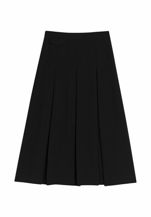 Pleated black skirt made of a smooth fabric, featuring a high waist and a single back pocket. Measures knee-length with a flowy silhouette.