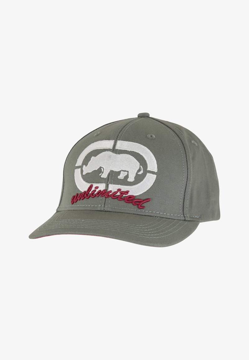 Casquette de baseball grise en coton avec une visière incurvée. Présente un logo de bison blanc brodé et le texte rouge "unlimited" à l'avant.